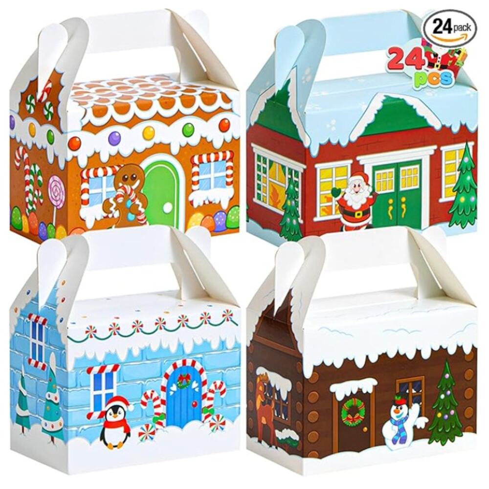 24 PCS 3D Christmas House Cardboard Treat Boxes, Goodie Paper Boxes- 4 Designs